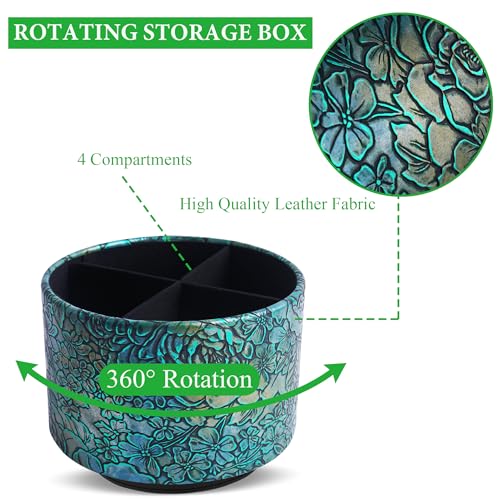 Round Leather Art Supply Organizer,Remote Control Holder,360 Degree Spinning,Multi-Functional Pencil Holder,4 Compartments Desktop Stationary Organizer(1-Rich Flower Green) - color: 1-Rich Flower Green1