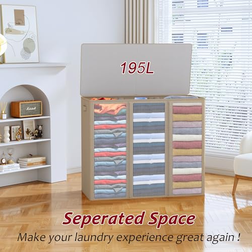 195L Laundry Hamper 3 Section,Large Laundry Hamper with Lid,Dirty Clothes Hamper with 3 Inner Bags,Collapsible Laundry Basket Organizer for Laundry Room,Bedroom,Laundry Sorter Hamper 3 Compartment - color: Oatmeal, size: 195L
