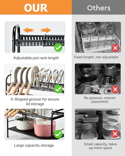 HULISEN Pots and Pans Organizer Under Cabinet, Expandable 2-Tier Pots and Pans Lid Storage Rack Holder with 10 Dividers, Adjustable Height Under Sink Organizer, Maximize Kitchen Storage Space