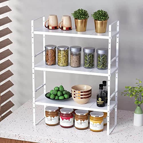 Jojocross Expandable Stackable Spice Rack Cabinet Shelf Organizer in Cabinets Shelves Kitchen Cupboard Organization Stack up Racks Pantry Countertop Storage Large/White 3 Packs - color: 3 Packs/White, size: L:10.04"D x 16.6"W x 5.75"H