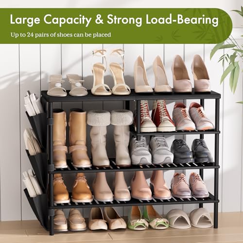 Bamboo Shoe Rack, 4 Tiers Shoe Organizer for Closet, Shoes Storage for 20-24 Pairs, Freestanding Shoe Shelf with Removable Pocket for Entryway Bedroom Front Door Dorm, Black - color: Black