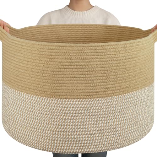 OIAHOMY 90L XXXLarge Blanket Basket for Living Room, 21.7" x 13.8" Woven Cotton Rope Laundry Basket for Organizing Pillows, Decorative Stuffed Animal Toy Storage Bin for Nursery, Jute and White - color: Jute and White, size: 21.7"D x 13.8"H