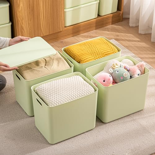 10 pack large plastic White storage bins with Lids, Toy Box Chest with Handle，Organizer Containers Baskets for Baby,Nursery，Shelves，Playroom, Bedroom，Office,Closet，home (Light Green, 5XL+5S) - color: Light Green, size: 5XL+5S