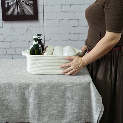 XUANGUO Woven Cotton Rope Storage Basket with Handles for Organizing Shelves Closet Small Cat Dog Pet Toy Baskets Box Bin Decorative Rectangle Baby Nursery basket Gift basket Empty(white) - color: white
