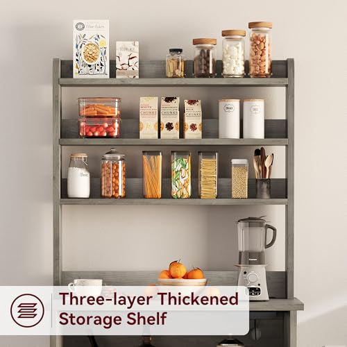 IDEALHOUSE Bakers Rack With Storage Cabinet, Microwave Stand With Power Outlets, Farmhouse pantry cabine With Thick Table Top, Small Kitchen Pantry Hutch Bakers Rack for Kitchen,Dining Room,Retro Gray - color: Retro Gray, size: with 2 Wood Door