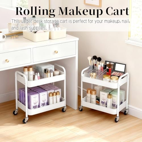 2 Tier Metal Rolling Cart with Wheels for Under Desk Storage & Pantry Storage, High Load-Bearing Kitchen Utility Cart for Small Space, Laundry Room Organization Side Table with 4 Hooks, White - color: White