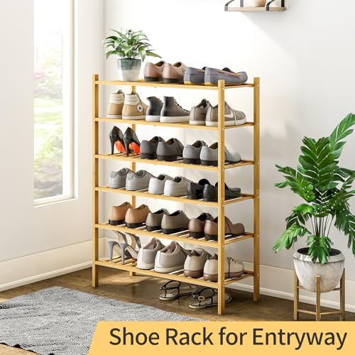 6-Tier Bamboo Shoe Rack for Entryway, Stackable | Heavy Duty | Multi-Function, Free Standing Shoe Racks for Bedroom Hallway Closet - color: Natural, size: 6-Tier-Standard
