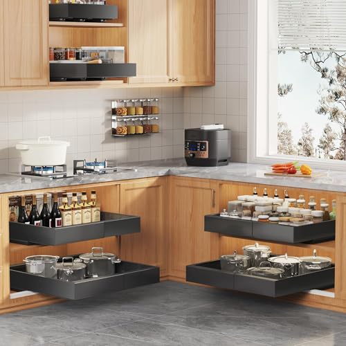 Seinloes 2Pack Expandable Pull Out Cabinet Organizer 21"Deep with Raising Pad for Framed Cabinets, Upgrade 3 Slide Rails Slide Out Drawers, Roll Out Shelves Adhesive,Adjustable Width 12.05"-20.4"Black - color: Black, size: 21"D x 12.05"-20.4"W(2Pack)