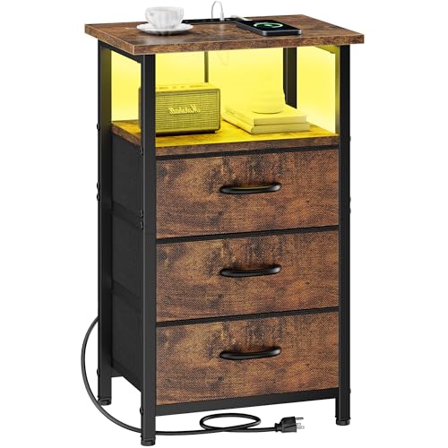 Vagusicc Night Stand with Charging Station, LED Nightstand for Bedroom, Bedside Table with 3 Fabric Drawers, End Table Side Table with USB Ports and Outlets, Bed Side Table for Bedroom, Rustic Brown - color: Rustic Brown, size: 1 Piece, style: With LEDs