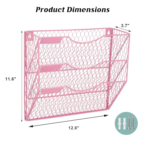 EASEPRES Mail Organizer Wall Mount Hanging File Holder Storage, Metal Chicken Wire Magazine Rack 3 Tier, Pink - color: Pink, size: 3 Tier