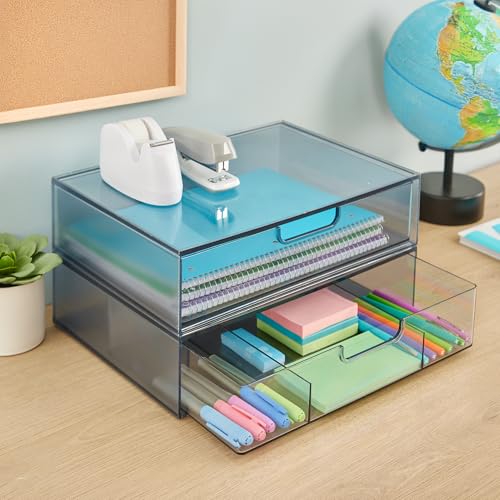 STORi STAX Plastic Stackable Organizer Drawers (Set of 2) Classic Grey | 12.5" Wide | Set Includes One Open Drawer & One Divided Drawer | Organize Office Desk Accessories & Sort Paper | Made in USA - color: Grey, size: Open/Divided 2pk