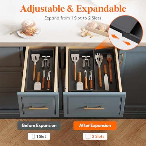 Lifewit Utensil Organizer for Kitchen Drawer, Expandable Cooking Silverware Tray, Adjustable Cutlery Flatware Holder, Plastic Spatula Tools Storage Divider, 12.9 x 16.1", Black - color: Black, size: 12.9*16.1*1.8 inch (2 Slots)