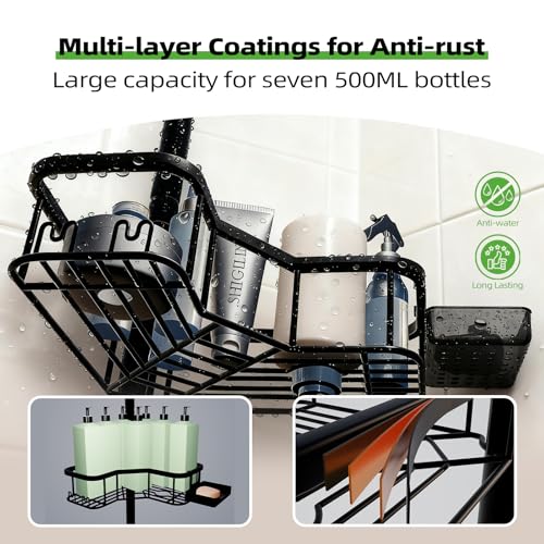 Corner Shower Caddy Tension Pole, 4 Tier Rust-Resistant Adjustable Bathroom Organizer Shelves, Bathtub Storage Rack with Soap Holder, No-Drill Install, Floor to Ceiling Rod 47-121 Inch, Black - color: Black