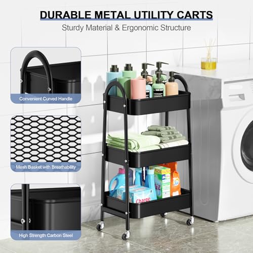 EAGMAK 3 Tier Utility Rolling Cart, Metal Storage Cart with Handle and Lockable Wheels, Multifunctional Storage Organizer Trolley with Mesh Baskets for Kitchen, Living Room, Office, Garage (Black) - color: Black, size: Normal