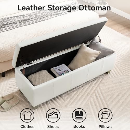 WUTUTUEE 41" Faux Leather Storage Ottoman, Stitch Tufted Rectangle Upholstered End of Bed Storage Bench, Entryway Large Couch Ottoman with Wooden Legs,White - color: White, size: 41 Inch