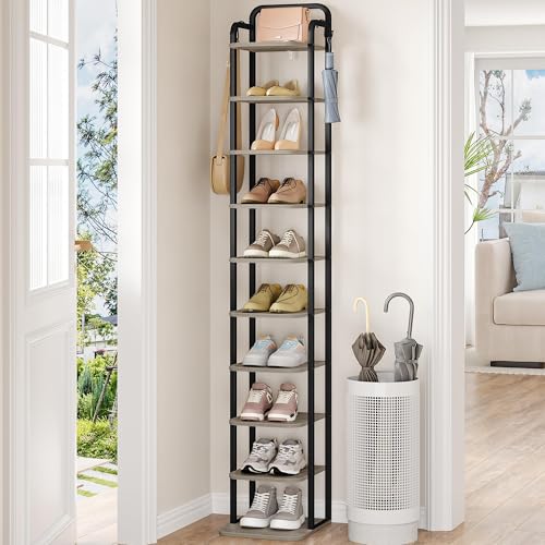 Hzuaneri 10 Tiers Vertical Shoe Rack, Narrow Shoe Tower, Tall Shoes Shelf with 2 Hooks, Adjustable Shelves, Corner Shoes Shelves for Small Spaces, Entryway, Living Room, Greige SR11205B - color: Greige and Black, size: 10 Tier(11.8"D x 10.4"W x 67.3"H)