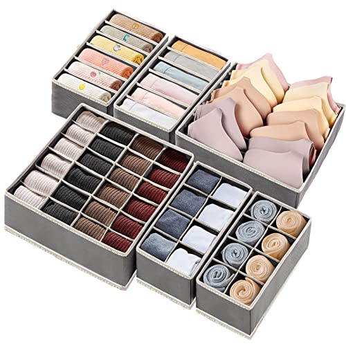 6 Pack Drawer Underwear Organizer, 59-Compartment Foldable Sock Bra Drawer Organizer Divider Fabric Dresser Closet Organizers and Storage Box for Storing Bra, Socks, Baby Clothes, Panty, Scarf, Ties