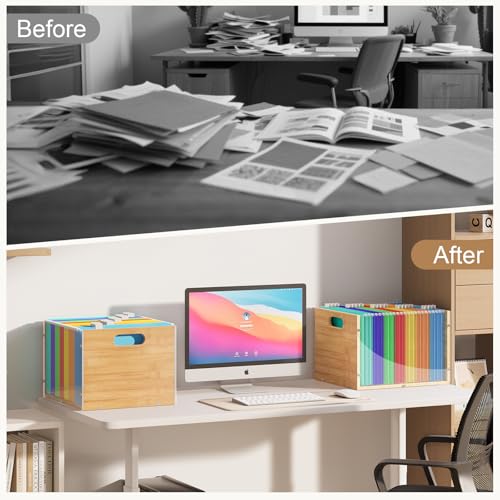 Sbanmao 2 Pack Hanging File Organizer, Clear Acrylic File Box Organizer, Bamboo Filing Box File Crate Storage Boxes, Portable Filing Organizer with Handle for Letter Size - color: 2 Pack, size: Letter Size