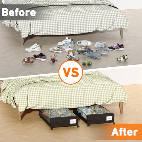 Under Bed Storage with Wheels, 2-Pack Under Bed Storage Containers with Clear Lids, XXL 60L Under the bed storage Organizer Bins, Rolling Under Bed Metal Drawer for Clothes,Shoes,Toys (Black, 2 Pack)