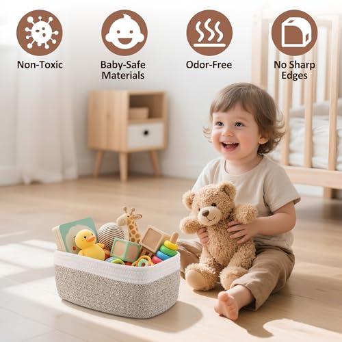 5-Pack Small Woven Rope Storage Baskets – 2 Sizes Organizer Bins for Closet, Shelf, Bookshelf, Nursery, Changing Table, Fabric Cube Boxes, Rectangular Shallow Bins for Bathroom, Toy & Home - color: Natural & White