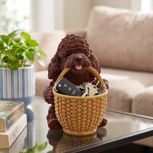 Entryway Key Holder Bowl & Welcoming Candy Dish for Console Table Featuring Red Poodle Fetching Basket - Dog Statue Catchall Organizer for Mints & Coins - Rustic Cabin Home Decor - color: Poodle Carrying Basket - Red, size: Poodle