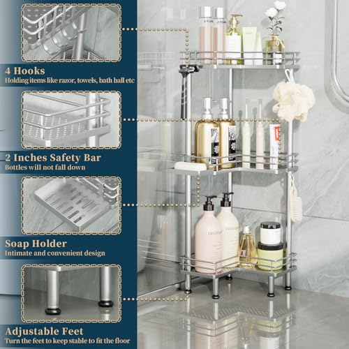 Consumest Corner Shower Caddy Standing - 3-Tier Stainless Steel Shower Organizer with Soap Holder and 4 Hooks, Large Capacity Corner Shelf Stand for Bathroom, Rest Room, Silver - color: Silver, size: 3 Tier