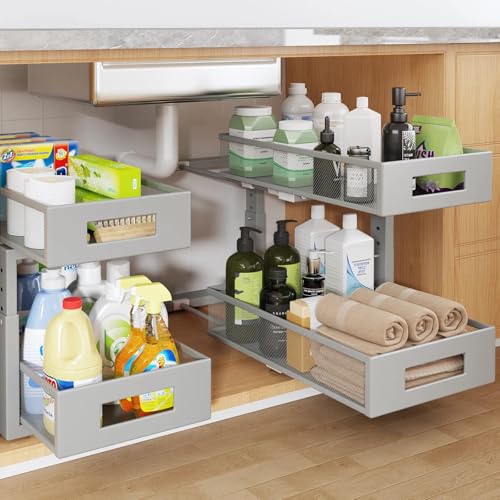 2 Packs 17IN Depth Under Sink Organizer, 2-Tier Pull Out Cabinet Organizer With Smooth Circular Rail, Large Capacity Metal Mesh Sliding Drawers For Bathroom& Kitchen Storage,Height Adjustable–Gun Gray - color: Gun Gray, size: 2 Pack-17"Dx11.6"-16.7" H