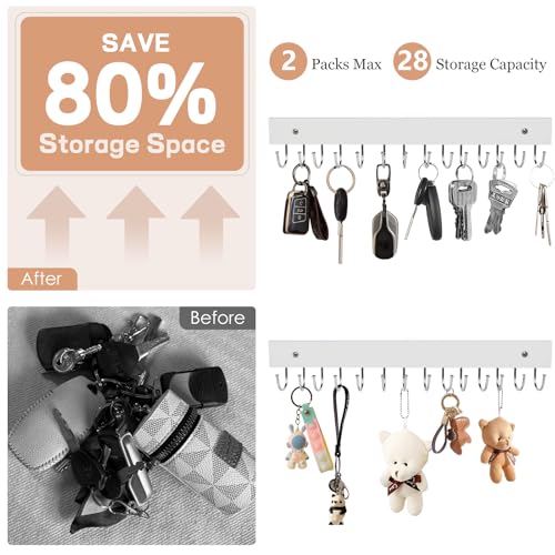 2Pack Key Holder Wall Mount with 28 Rotating 180° Key Hooks, 14.6" Rustproof Organizer Hanger for Apartment Decor, Wall Storage Rack for Entryway, Living Room, Hallway, Bathroom, Kitchen(White) - color: White