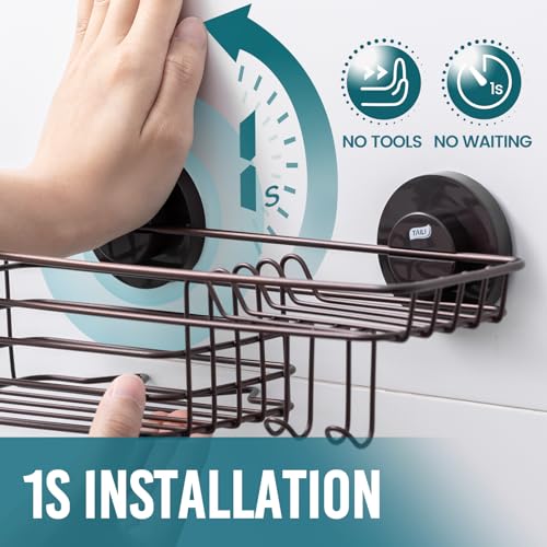 TAILI Shower Caddy Suction Cup with Hooks & Soap Holder, Heavy Duty Bathroom Shower Organizer, No Drilling Shelves for Inside Bathroom, Brown Metal Storage Holder - style: 1× Brown