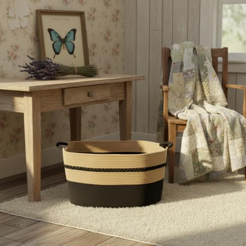 large laundry basket woven from natural cotton rope with handles storage blankets for living rome big decorative quilted baskets for clothes toys pillows hamper 22"x14.6"x12" black - color: Black, size: 62L 22"x14.6"x12"