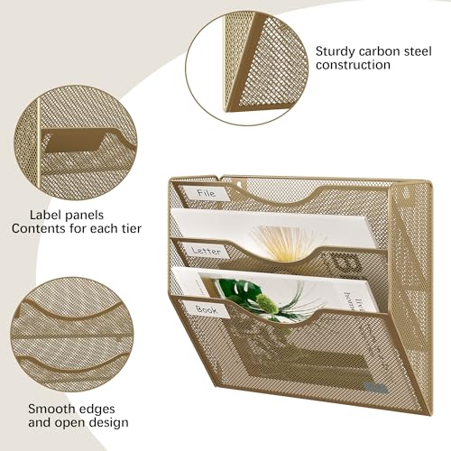 EasyPAG 3 Pocket Mesh Wall File Organizer, Hanging Paper Folder Holder with Classify Label, Vertical Wall Mount Mail Organizer for Office Home Classroom, Gold - color: Gold, size: 3 Tier