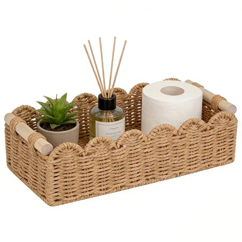 Upgraded Paper Rope Scalloped Edge Toilet Paper Storage Basket, Small Living Room, Bedroom Decor Baskets for Over Toilet Storage Shelf, End Table, Shelves and More, with 2 Wooden Handle (Neutral) - color: Neutral