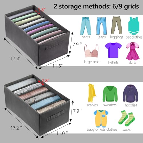 Ohlove 4Pcs Large Wardrobe Clothes Organizer, 6/9 Grids Foldable Jeans Closet Drawer Organizer Storage Box with Handles for Pants, T-shirts, Sweater, Scarves, Bras (17.3"x11.8"x7.9")