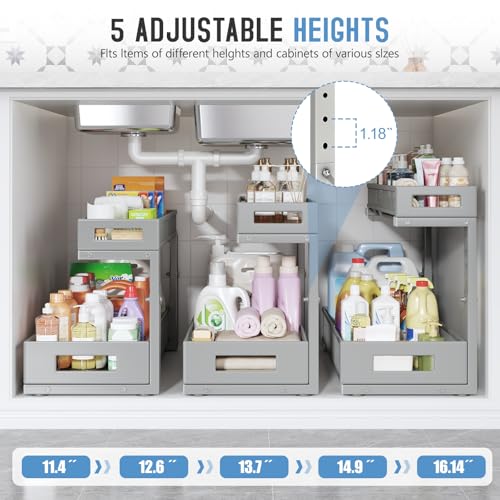 2 Pack 19IN Depth Under Sink Storage Organizer, Large 2-Tier Elegant Mesh Pull Out Shelf for Kitchen and Bathroom Cabinet Organization, L-Shaped and Adjustable Height Design-Gun Gray - color: Gun Gray, size: 2 Pack-19"Dx11.4"-16.14"H