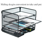 SETTFRFE 4 Tier Mesh Paper Letter Tray,Desk File Organizer with A Sliding Drawer,Office Supplies Desk Organizer for Home Office,Black.