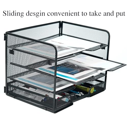 SETTFRFE 4 Tier Mesh Paper Letter Tray,Desk File Organizer with A Sliding Drawer,Office Supplies Desk Organizer for Home Office,Black.