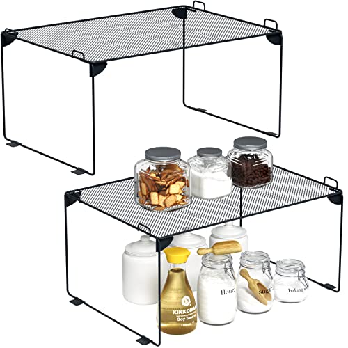 Neudeco Shelf Organizer - Stackable Cabinet Shelves - 2 Pack for Kitchen, Closet, Bathroom, Gray