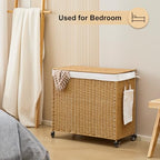 Handwoven Hamper with Lid, Laundry Basket with Wheels, Machine Washable Liner, 3 Section Clothes Hamper for Bathroom Laundry Room Bedroom, Rattan, 165L - color: Rattan/With Lid/165L
