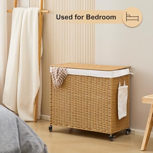 Handwoven Hamper with Lid, Laundry Basket with Wheels, Machine Washable Liner, 3 Section Clothes Hamper for Bathroom Laundry Room Bedroom, Rattan, 165L - color: Rattan/With Lid/165L