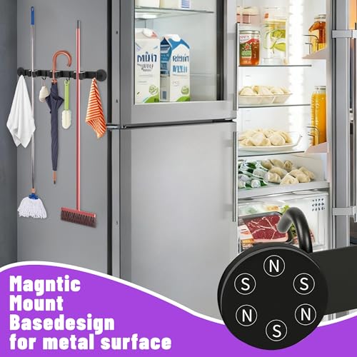 Magnetic Broom Holder Wall Mount - Heavy Duty Non-Slip Mop Hanger with 4 Hooks And 3 Rack, No Drill Tool Organizer for Refrigerator,Garage,Laundry Room (Black, 3Racks 4Hooks)