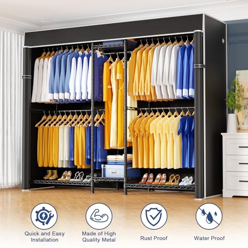 Ulif E12C Pro Heavy Duty Closet Organizer System，Freestanding Clothing Rack, Adjustable Garment Rack 71" W x 16" D x 76.5" H Holds 960 lbs, Black Rack with Black Dustproof Cover - color: Black Rack With Black Cover, size: E12C Pro