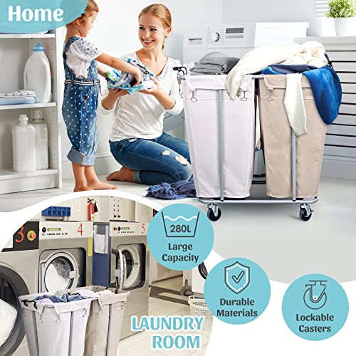 PLKOW Laundry Cart with Wheels 280L Large Laundry Sorter 2 Section for Commercial/Home, Rolling Laundry Cart with Steel Frame and Removable Bag, 8 Bushel, 32.3L x 19.7W x 31.5H Inch - color: Oat+White-280L