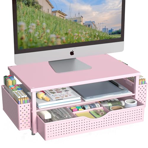 Spacrea Desk Organizer and Accessories, Computer Monitor Stand Riser with Drawer and 2 Pen Holders, Office Desk Accessories & Workspace Organizers for Office Supplies (Pink) - color: Pink