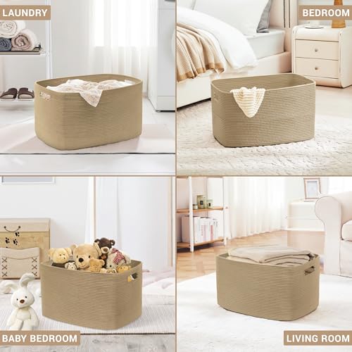 45L Small Wicker Laundry Basket for Living Room Storage,Cute Boho Woven Cotton Rope Baskets for Kids Toy,Gifts,Square Blanket Hamper for Bedroom Dirty Clothes,Jute - color: Jute, size: 45L