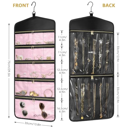 CHICECO Travel Jewelry Holder Organizer,Hanging Jewelry Organizer Storage with Zippered Pockets for Cloest,Jewelry Holder for Earrings, Necklaces (Pink Black) - color: Pink Black