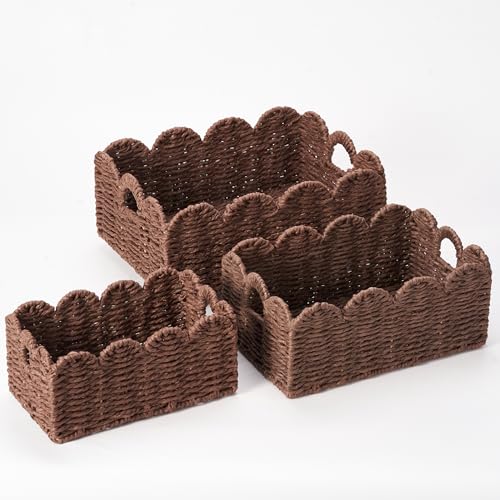 Scalloped Wicker Baskets, Set of 3 Hand-Woven Storage Baskets with Handles - Paper Rope Shelf Organizers & Decorative Baskets for Shelves, Closet, Bathroom (Brown） - color: Brown
