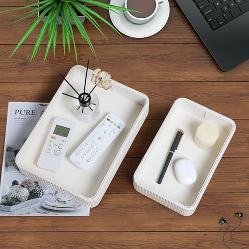 Desk Organizer Tray, PU Leather Nightstand Organizer Perfume Valet Tray for Men Women, Decorative Vanity Trays Trinket Dish Key Bowl for Entryway Table (2pcs, Ivory, Large+Small) - color: Ivory, size: 11.5" x 8.3" x 2.2"& 9.5" x 6" x 2.2"