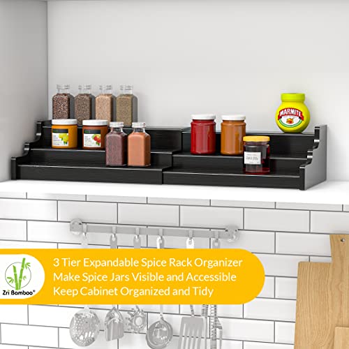 Spice Rack Organizer For Cabinet - 3 Tier Black Bamboo Wooden Expandable Display Shelf from 12.70 to 22.20 inch - color: Black