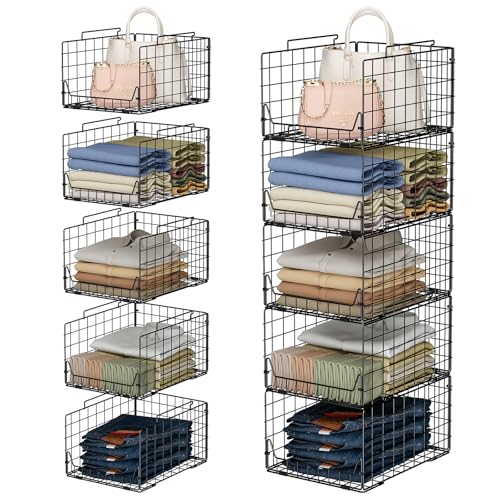 Jakyitvi 5-Tier Stackable Closet Organizer Shelf – Foldable Metal Storage Bins for Clothes, Sweaters & Towels | Stylish Black Wire Baskets for Bedroom, Wardrobe, Dorm or Entryway - color: Black, size: 5 Tier