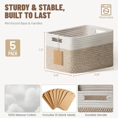 5 Pack Woven Storage Baskets for Shelves, Decorative Basket Organizer Storage Bins for Toys, Books, Clothes, Closet, Nursery, Bathroom – Cotton Rope Shelf Baskets for Organizing, Khaki & White - color: Khaki & White